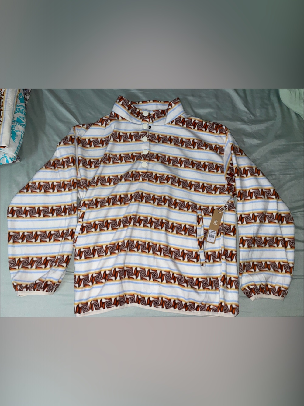 Striped Snap-Placket Pullover Hoodie in Brown & White